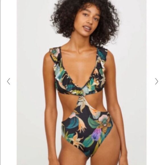 H&M tropical floral print cutout ruffle monokini swimsuit Sz-8 - Picture 1 of 12